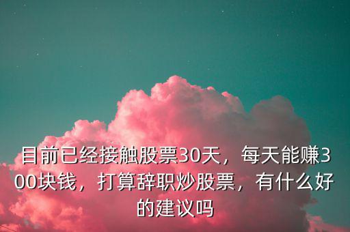 目前已經(jīng)接觸股票30天，每天能賺300塊錢，打算辭職炒股票，有什么好的建議嗎