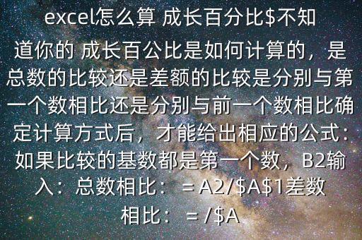 excel怎么算 成長百分比$不知道你的 成長百公比是如何計算的，是總數(shù)的比較還是差額的比較是分別與第一個數(shù)相比還是分別與前一個數(shù)相比確定計算方式后，才能給出相應的公式：如果比較的基數(shù)都是第一個數(shù)，B2輸入：總數(shù)相比：＝A2/$A$1差數(shù)相比：＝/$A
